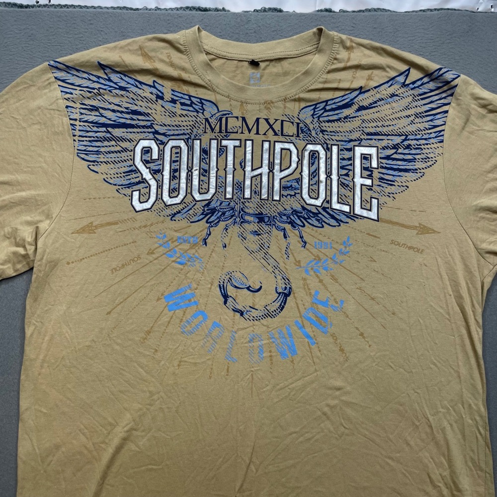 Southpole Men T-Shirt 100% Cotton XXL Tan Blue Graphic Eagle Wing Streetwear Y2K